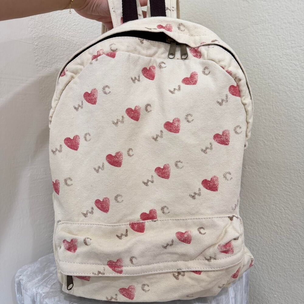 Y2K cream and pink heart print cute cotton canvas backpack vintage